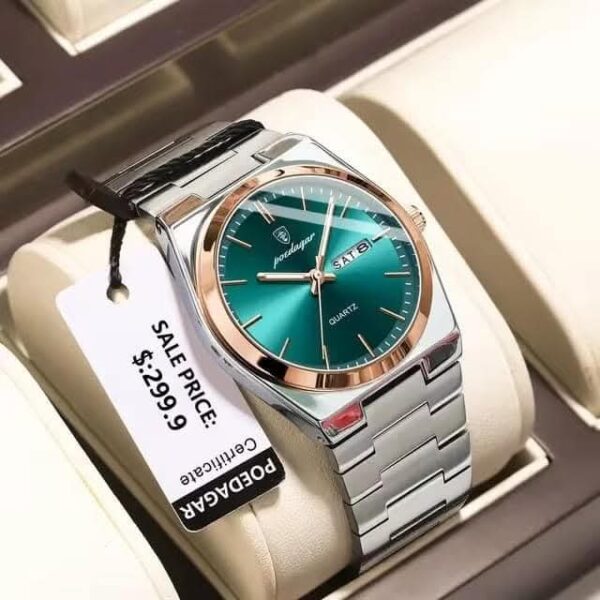 POEDAGAR High Quality Men’s Watch Quartz Silver And Gold And Green (1 Year Warranty)